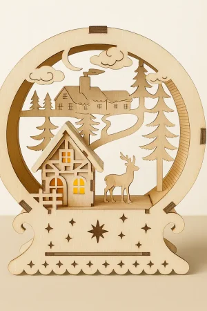 Schwibbogen Winterlandschaft – Gesamtansicht mit Haus, Rentier und Tannen