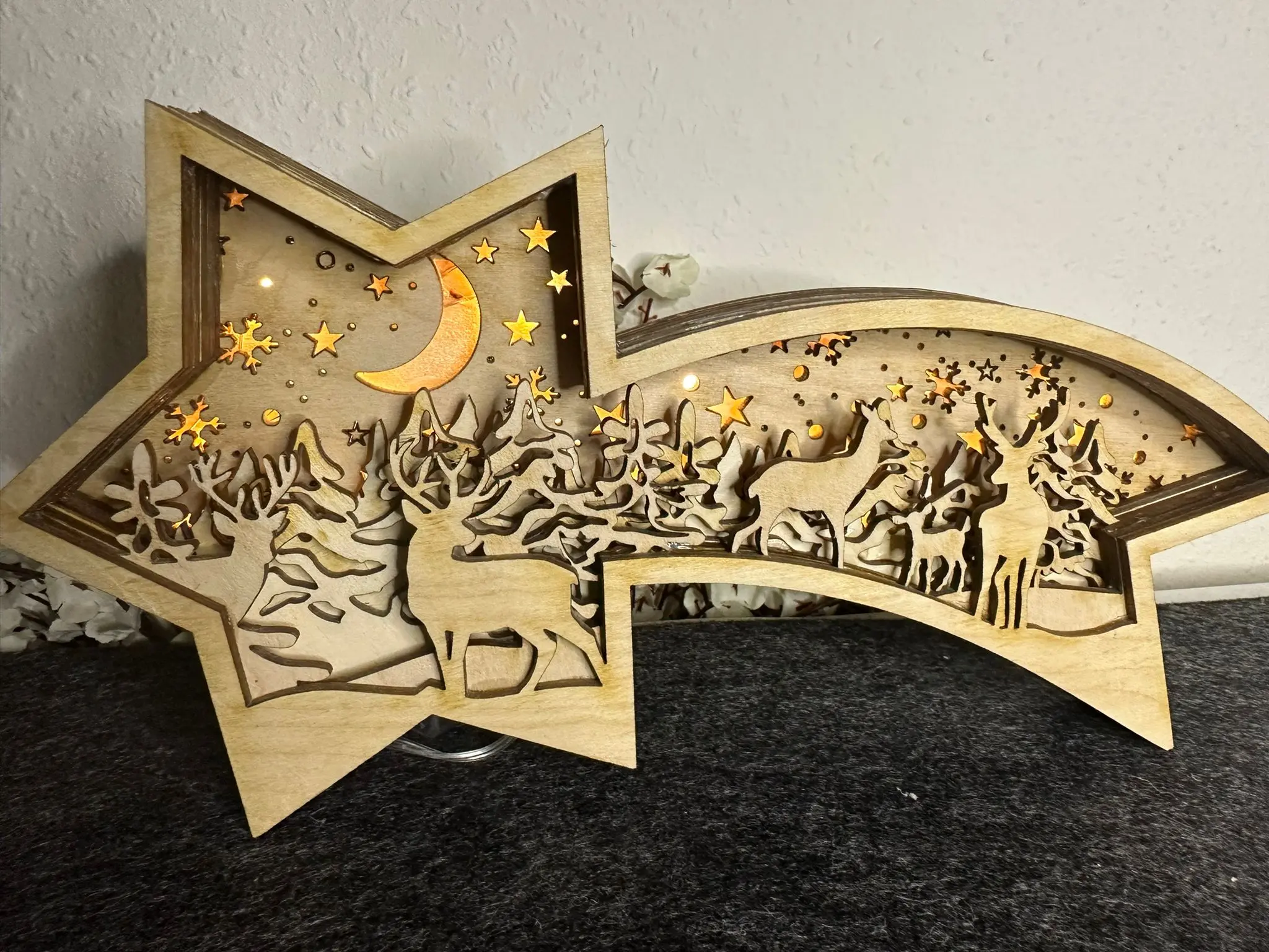 Weihnachtsstern Sternschnuppe – seitliche Ansicht mit LED Draht und Timerfunktion