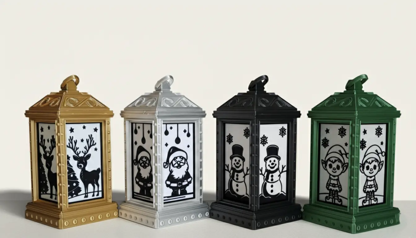 Weihnachtliche Laterne mit vier unterschiedlichen Motiven
